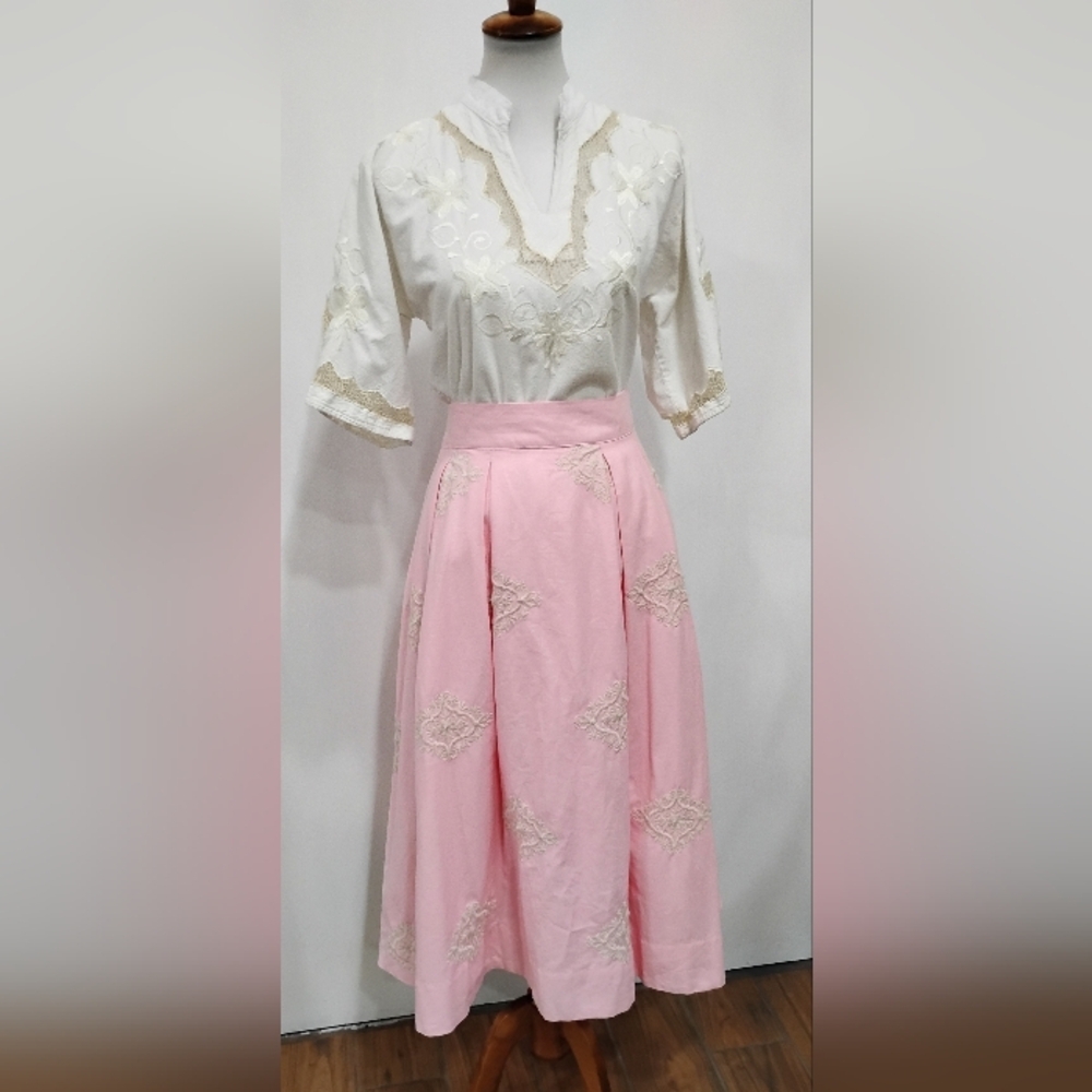 PINK LINEN BLEND PLEATED FULL SKIRT NWT - Picture 4 of 10